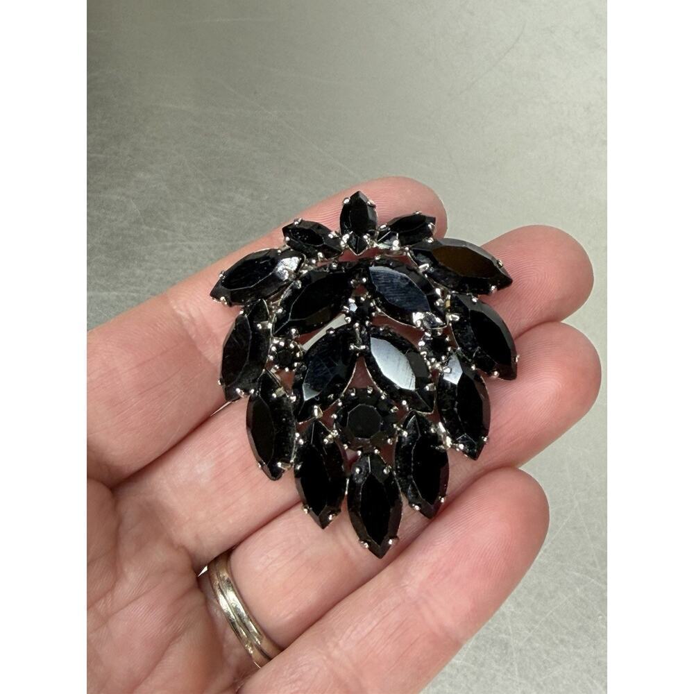 Vintage Black Glass Onyx Rhinestone Silver Tone Brooch Glam Goth Hollywood